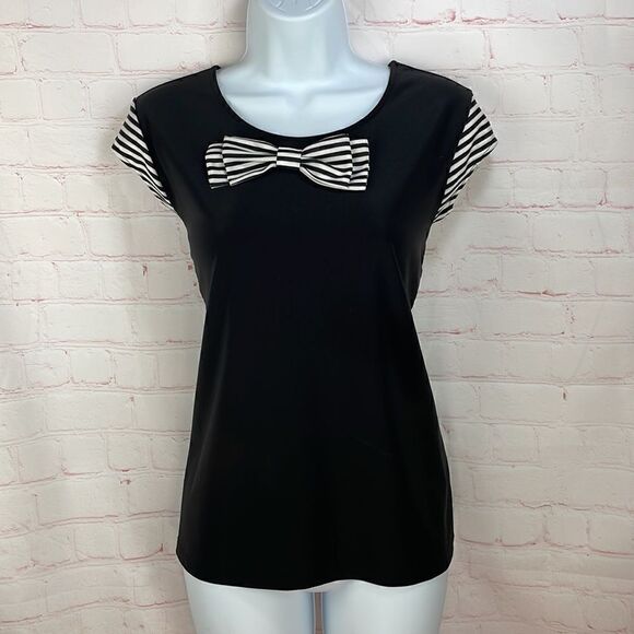 KARL LAGERFELD PARIS KNIT BOW CAP SLEEVE SCUBA BLOUSE SIZE Small - Picture 5 of 14